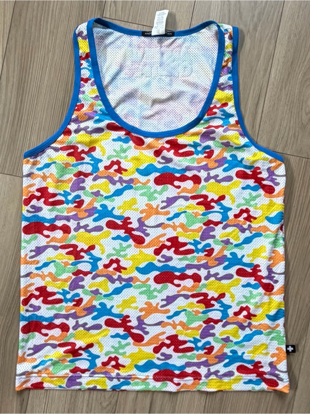 Andrew Christian Pride Rainbow Camo Mesh Tank Top - Blue Trim Sz Large